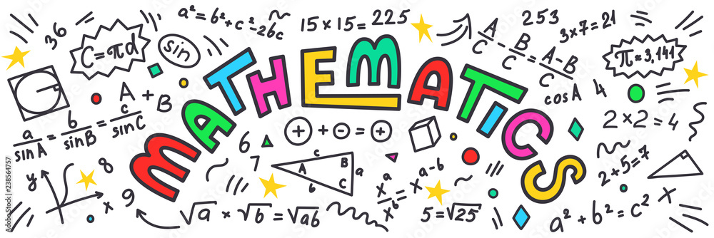 Mathematics. Maths doodles with colorful lettering on white ...