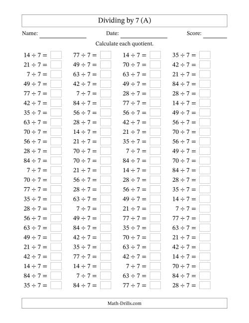 Horizontally Arranged Dividing by 7 with Quotients 1 to 12 (100 ...