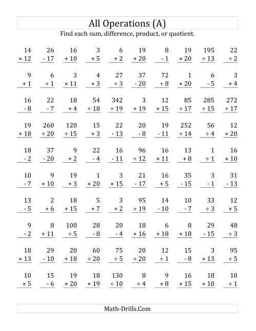 All Operations with Facts From 1 to 20 (A)