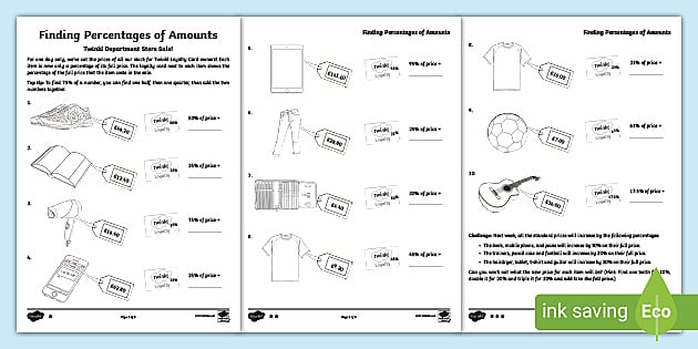 Percentages of Amounts Worksheets - Primary Resources