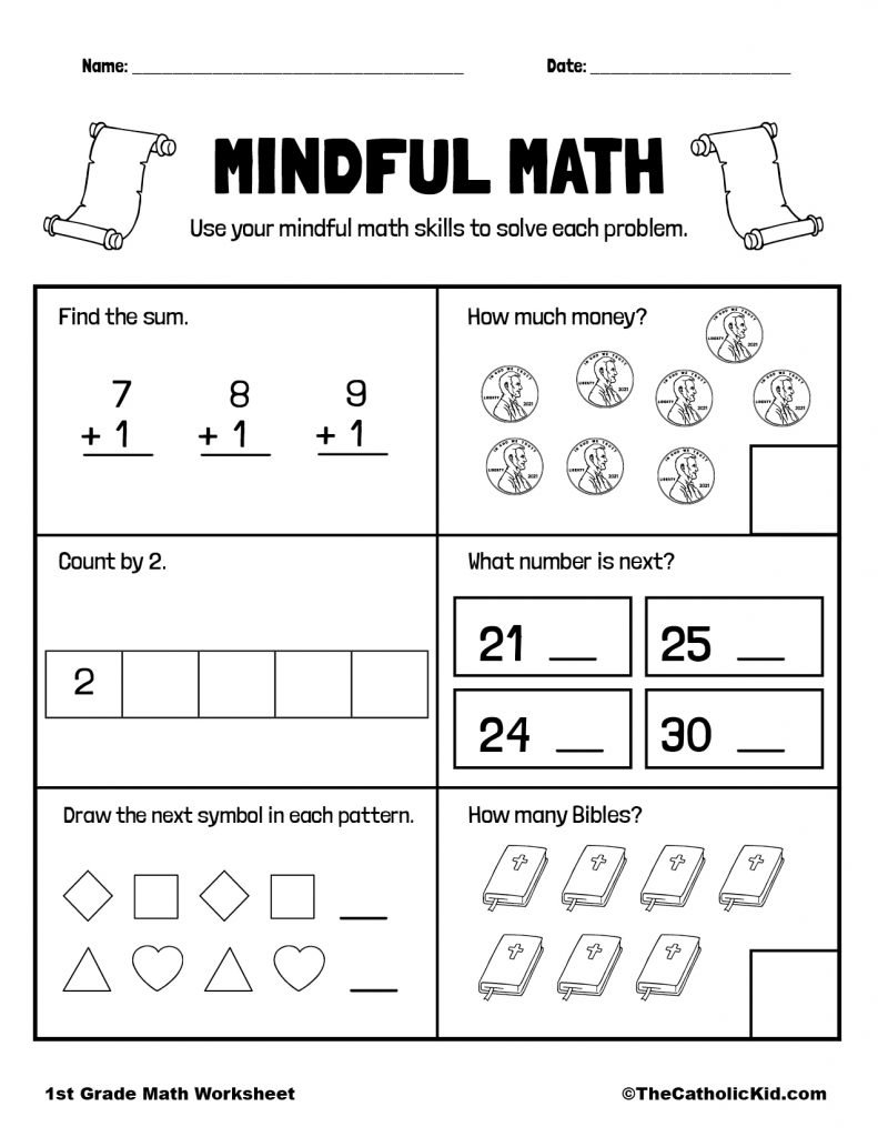 Math Review Printable - 1st Grade Math Worksheet Catholic