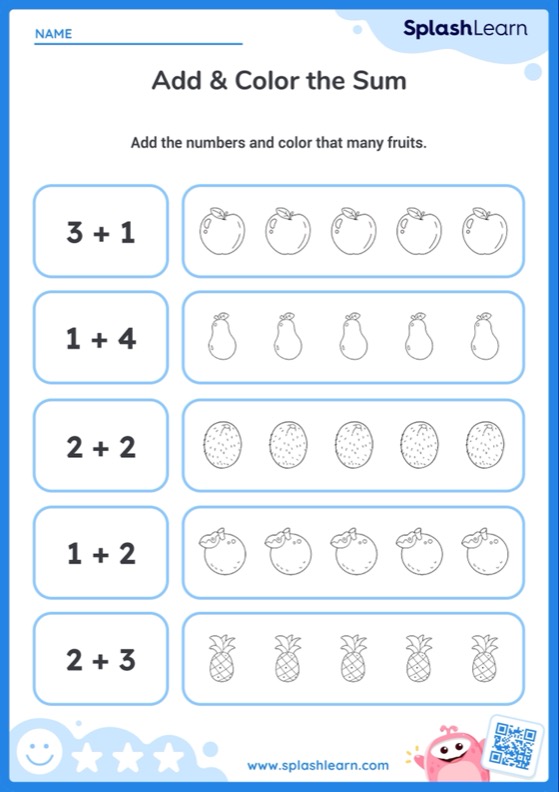 Add and Color Fruits (Within 5) — Printable Math Worksheet