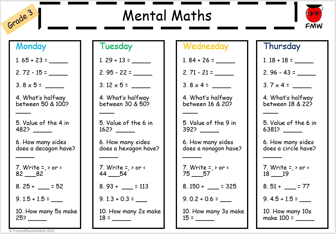 Grade 3 Mental Math Worksheets | Free Worksheets | Printables