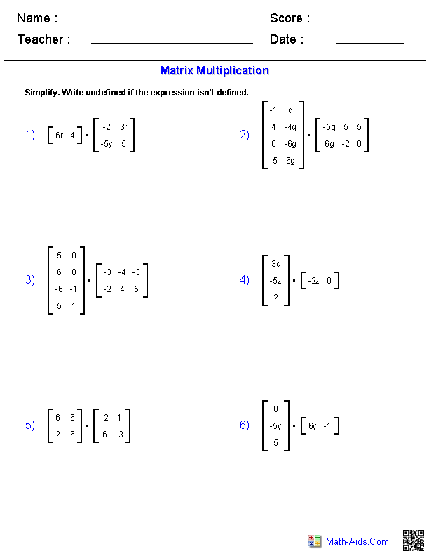 Algebra 2 Worksheets | Matrices Worksheets
