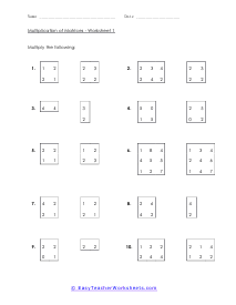 Multiplication of Matrices Worksheets