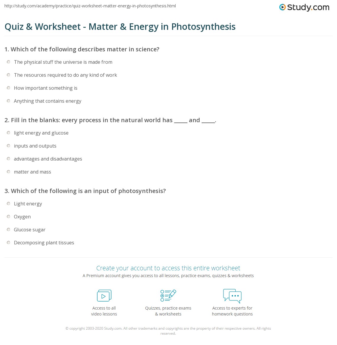 Quiz &  Worksheet - Matter &  Energy in Photosynthesis | Study.com