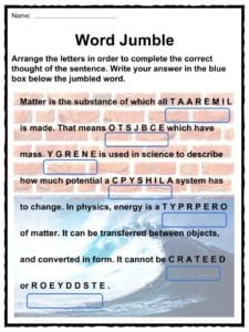 Matter and Energy Facts, Worksheets &  Information For Kids