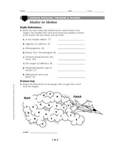 Matter In Motion Worksheet for 6th - 8th Grade | Lesson Planet