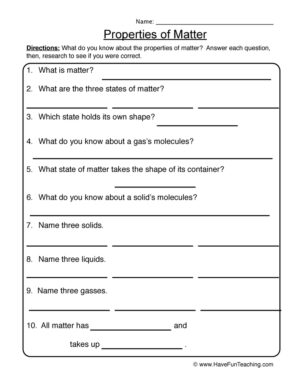 Properties of Matter Review Worksheet  