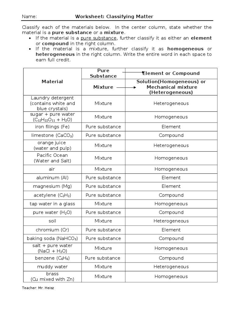 matter worksheet answers