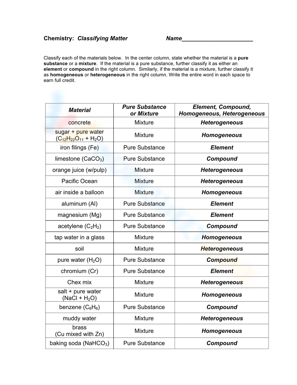 matter worksheet answers