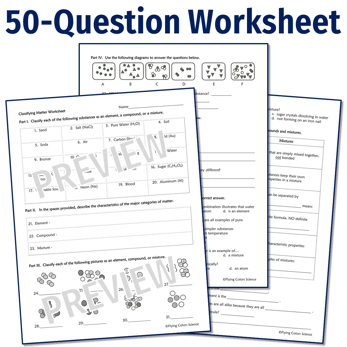 Pure Substances and Mixtures Worksheet for Middle School - Flying ...