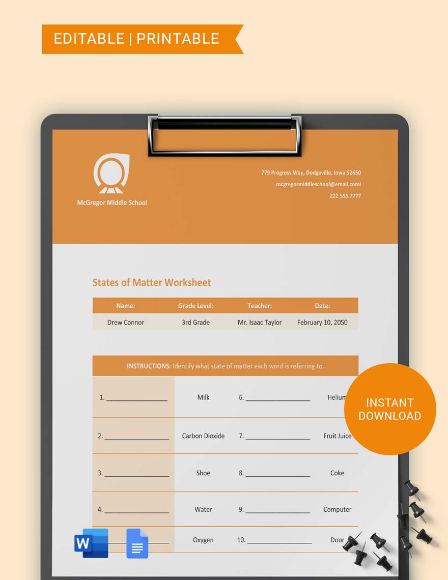 Middle School States Of Matter Worksheet in Google Docs, Word ...