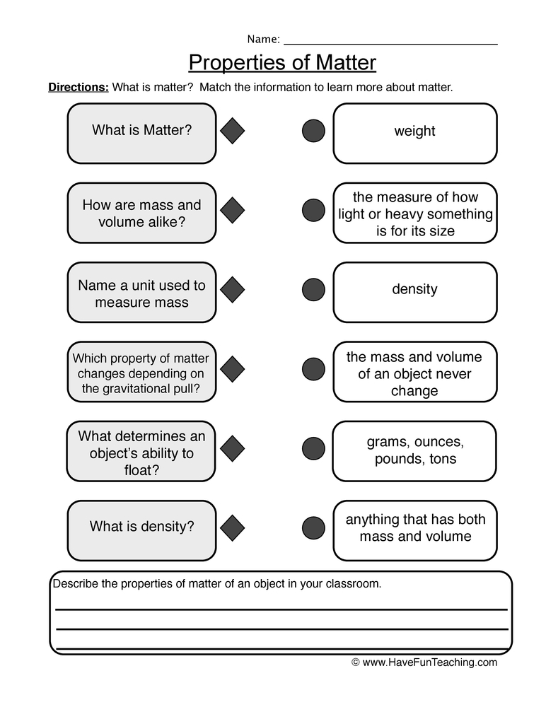Properties of Matter Definitions Worksheet  