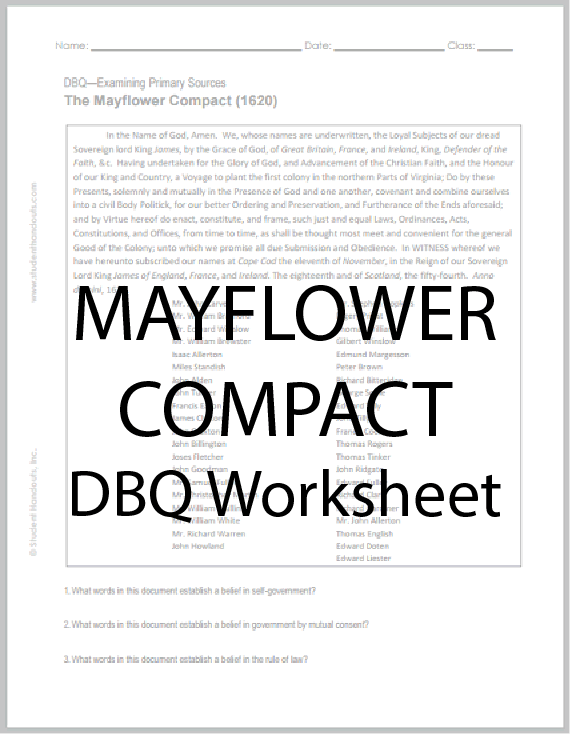 Mayflower Compact 1620 DBQ Worksheet Student Handouts Worksheets