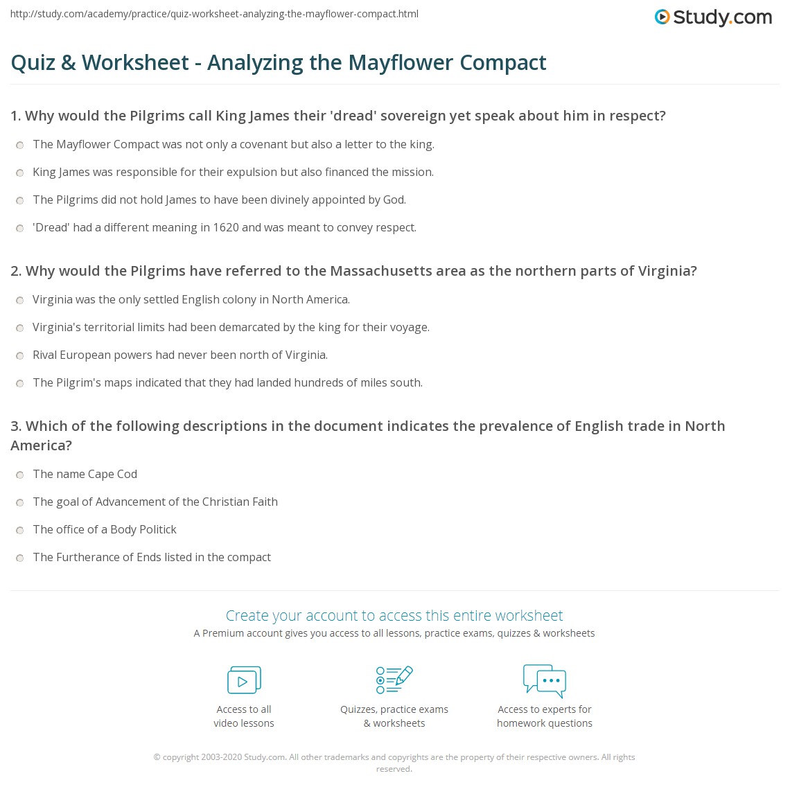 Quiz &  Worksheet - Analyzing the Mayflower Compact | Study.com