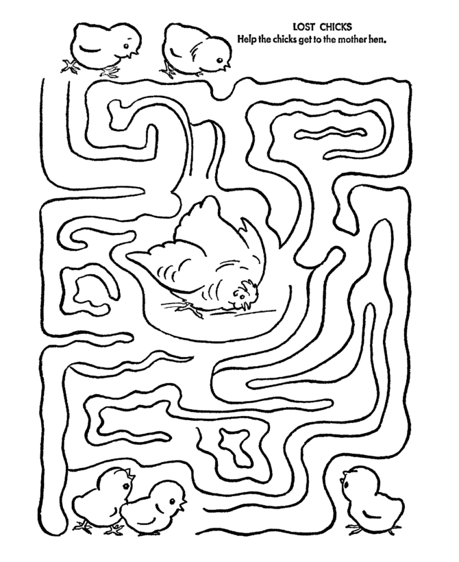 Maze Activity Sheet Pages | Kids Challenging Lost Chicks Maze ...