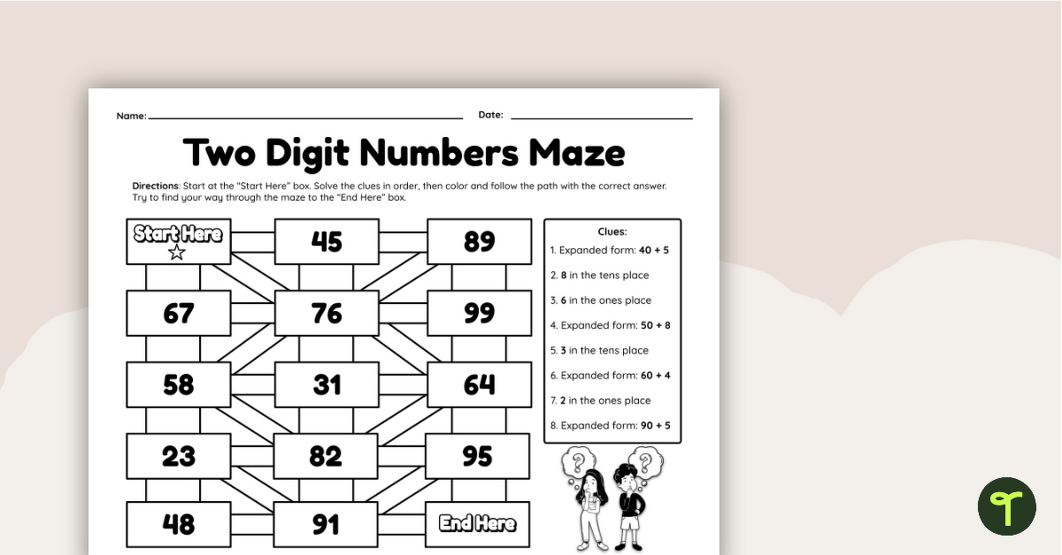 Two-Digit Numbers Maze Worksheet | Teach Starter