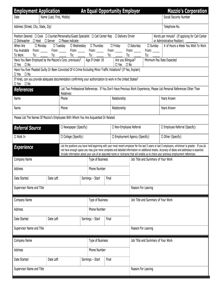 Mazzios Application - Fill Online, Printable, Fillable, Blank ...