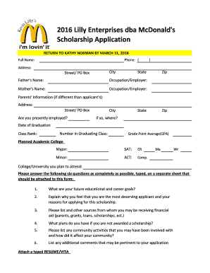 Fillable Online 2016 Lilly Enterprises dba McDonalds Scholarship ...