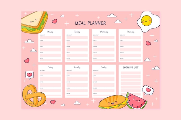Free Vector | Hand drawn cute food meal planner template