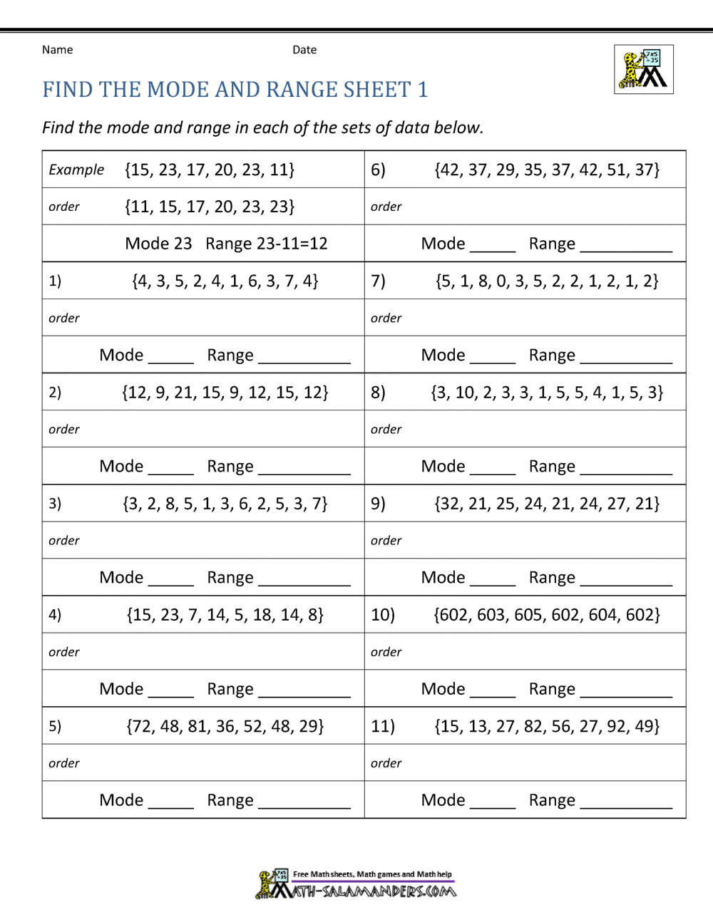 Mode and Range Worksheets