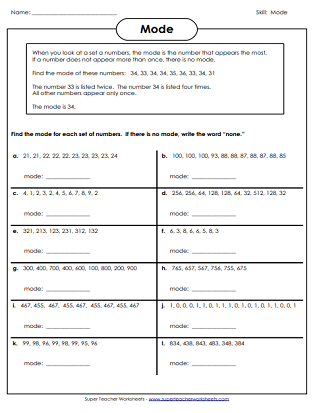 Mean (Average), Median, Mode, and Range Worksheets
