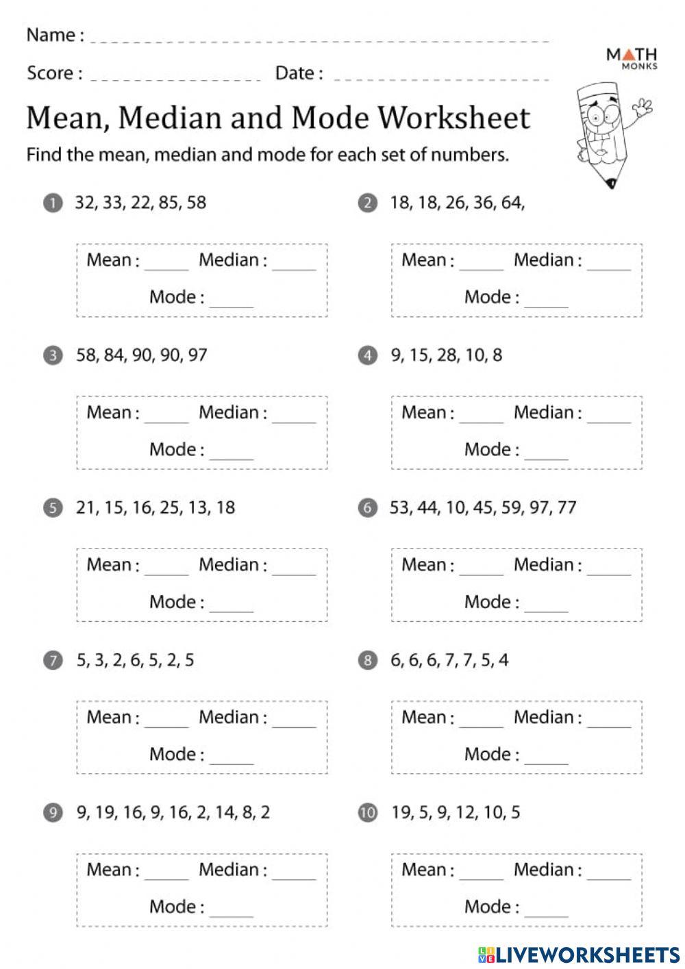 mean,median,mode class 7 online exercise for  