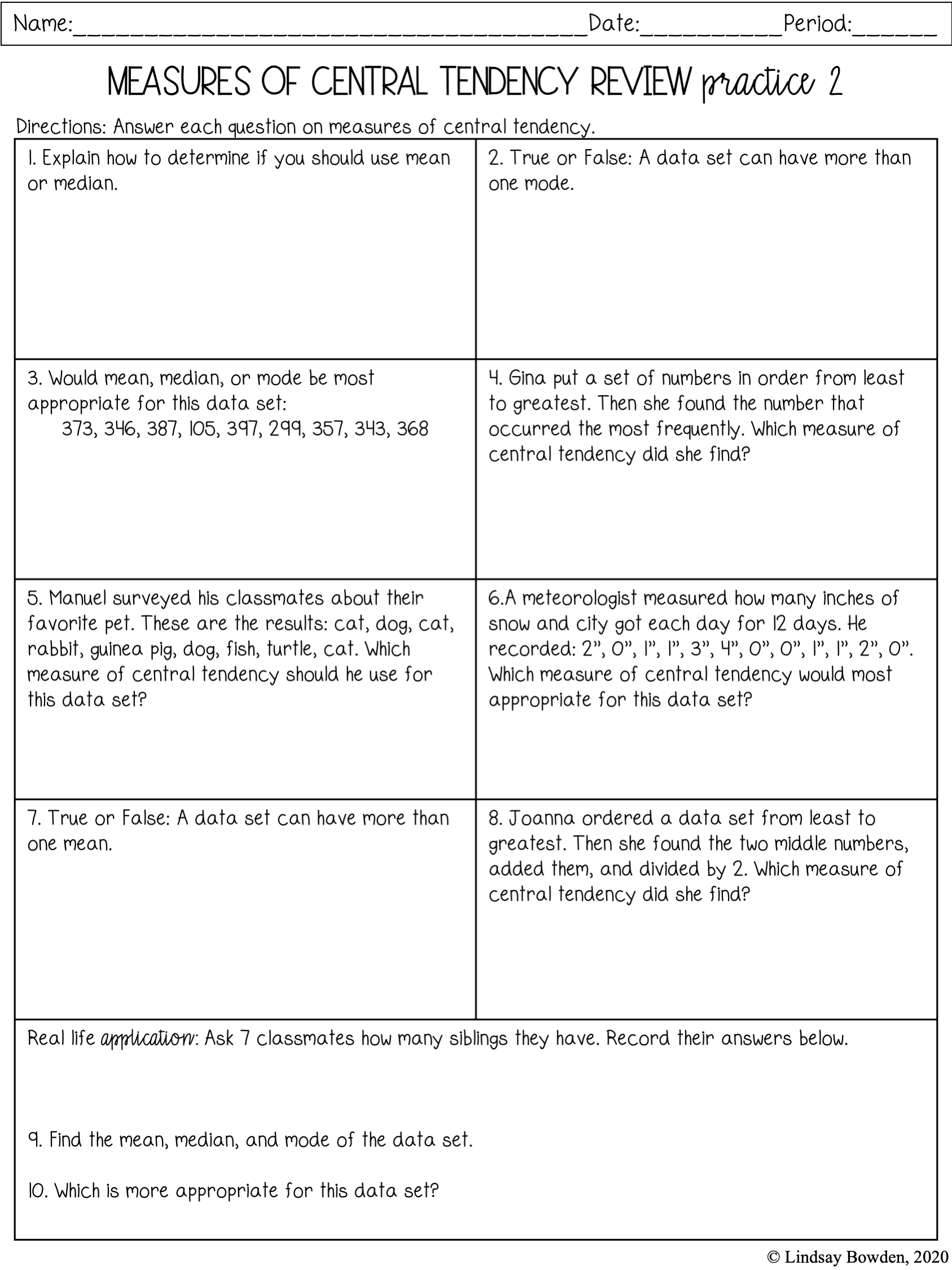 Mean, Median, Mode Notes and Worksheets - Lindsay Bowden