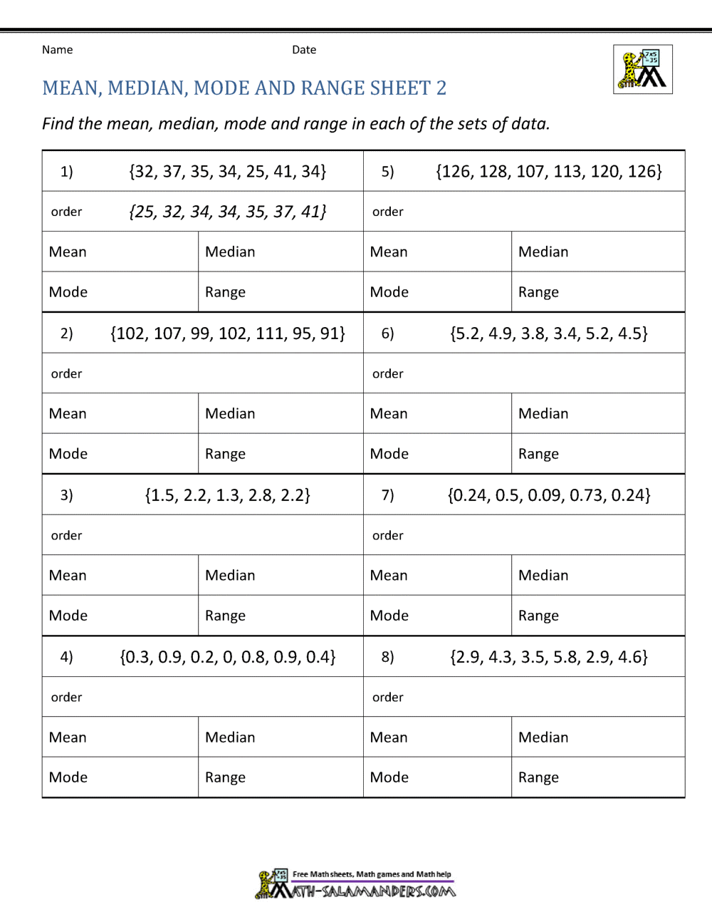 mean median mode printable worksheet