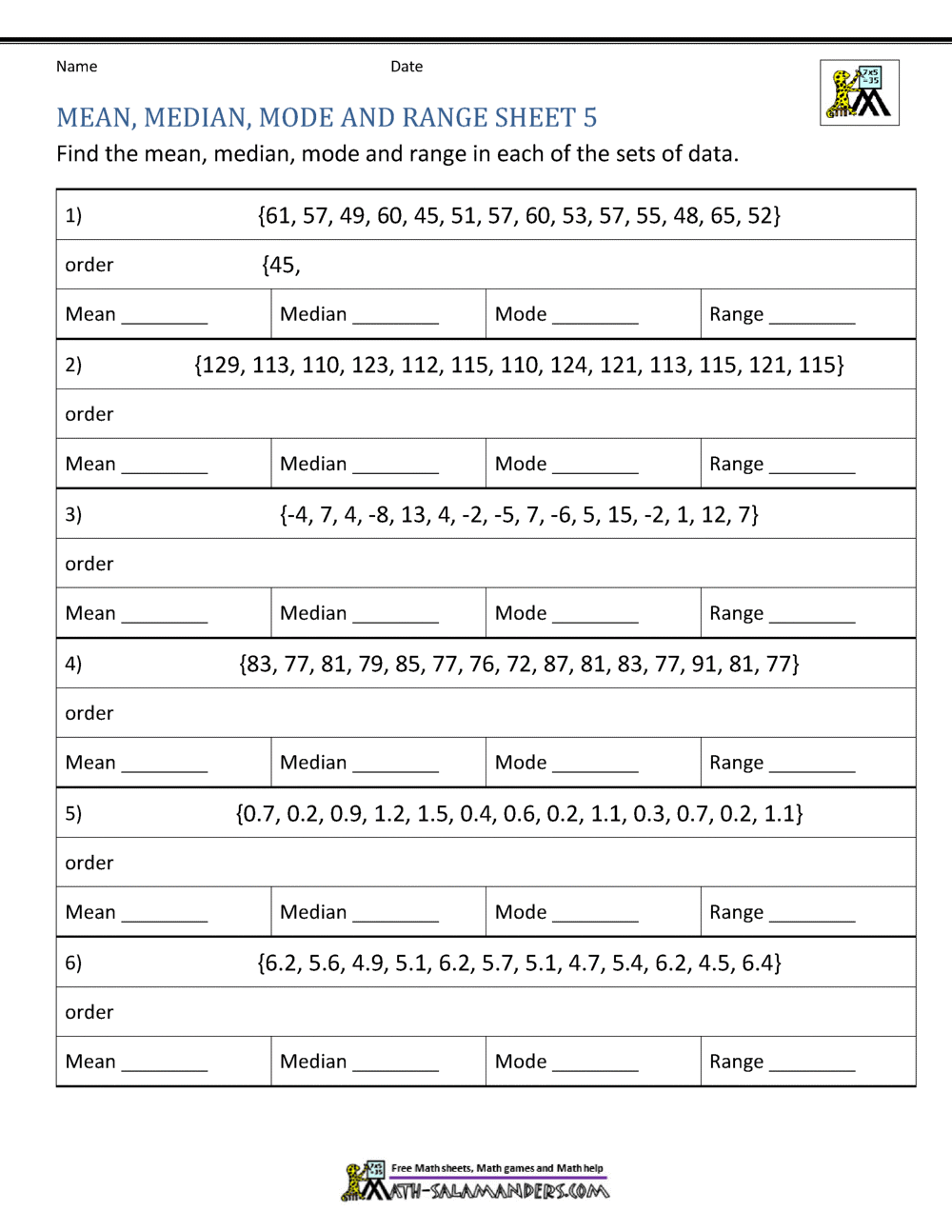 mean median mode range worksheet 5th grade