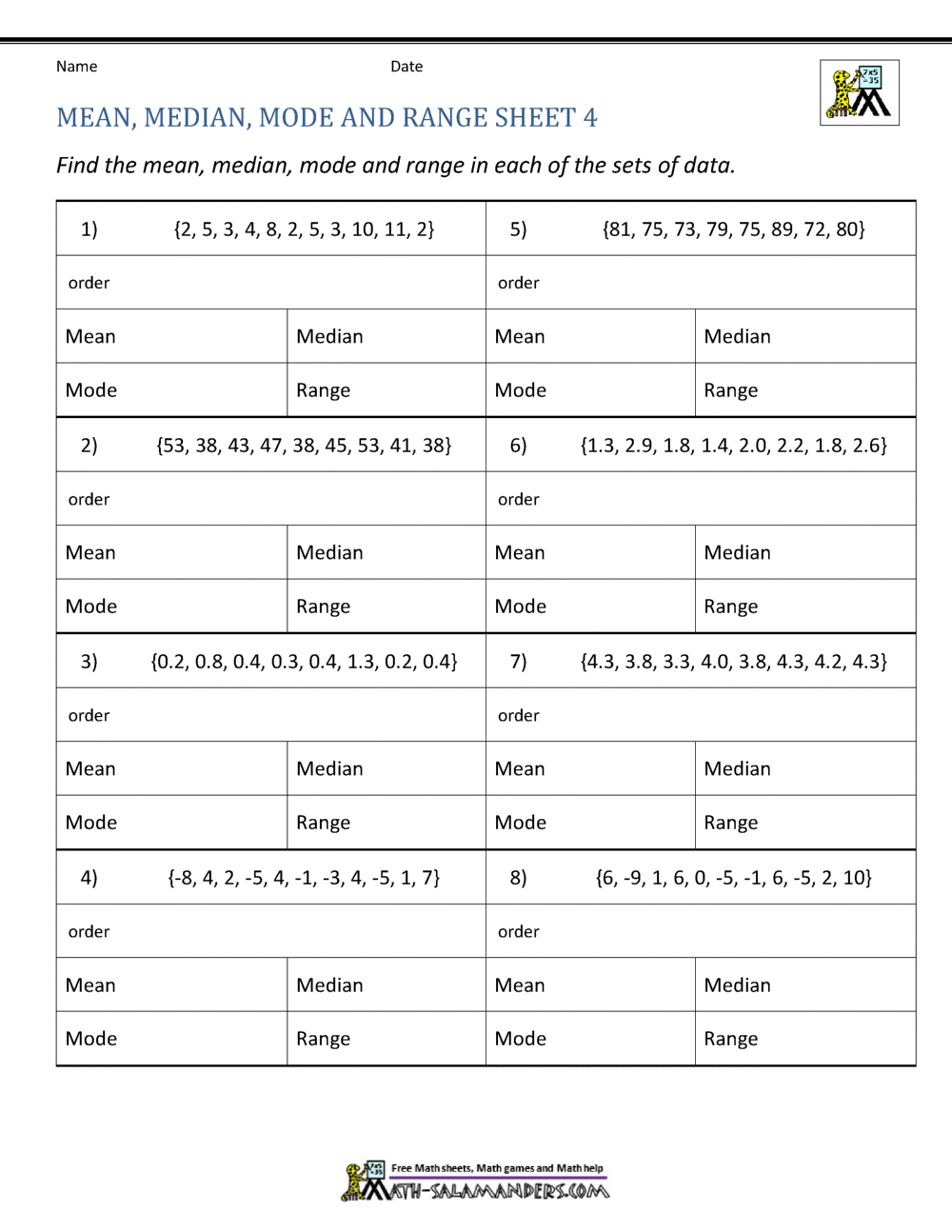 mean median mode range worksheet 7th grade