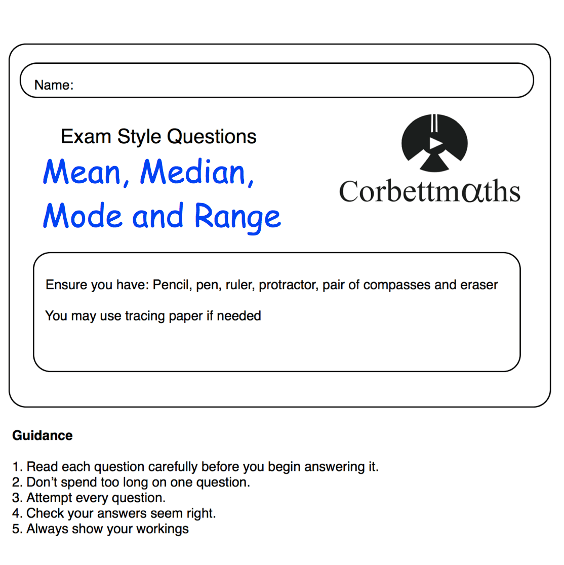 Mean, Mode, Median, Range Practice Questions - Corbettmaths