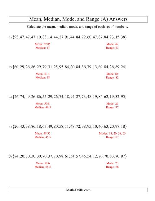 mean median mode range worksheet with answers