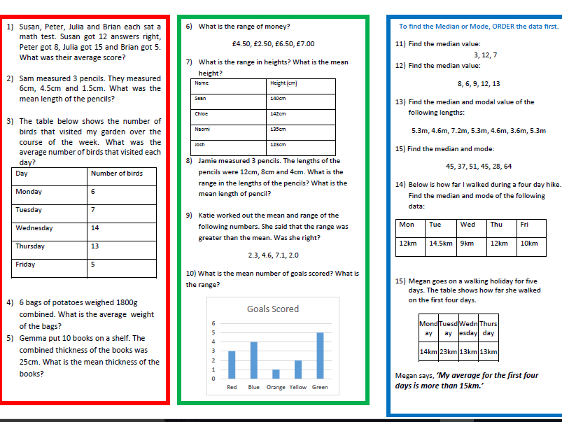mean median mode test printable