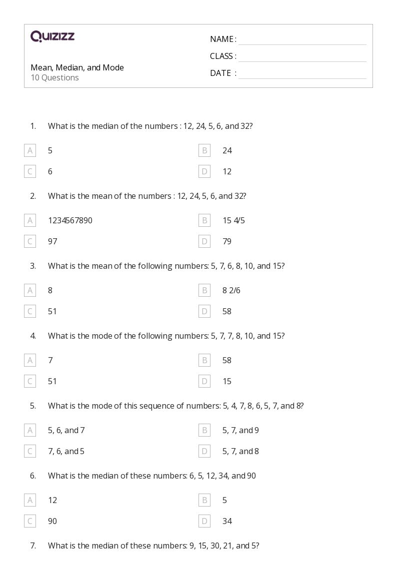 mean median mode worksheet 4th