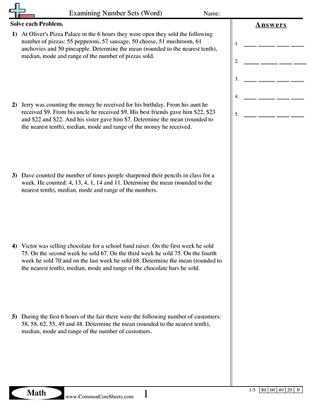 mean median mode worksheet story problems