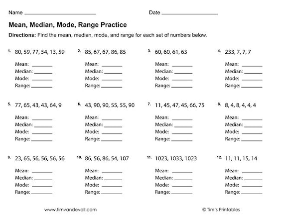 mean mode median and range worksheet