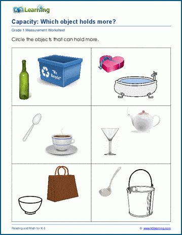 Grade 1 capacity worksheets: which container holds more | Worsheets library