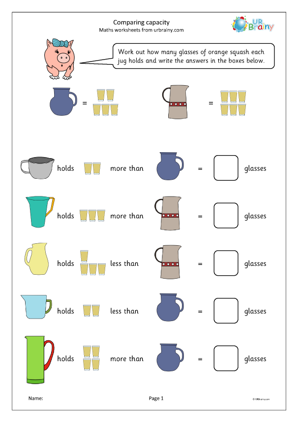 Comparing capacity jugs Measurement Maths Worksheets for Year 1