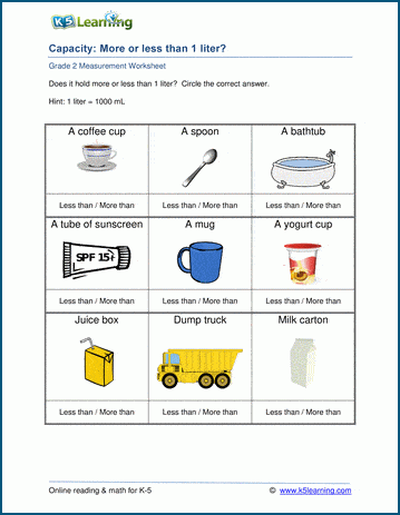 Grade 2 Capacity Worksheets: More or less than 1 liter | Worsheets library