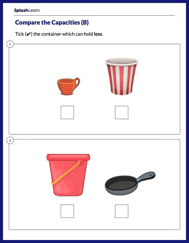 Which Object has Less Capacity - Math Worksheets - SplashLearn