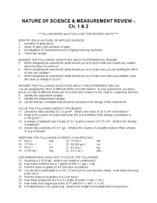 Nature of Science and Measurement Review Worksheet for 9th - 12th ...