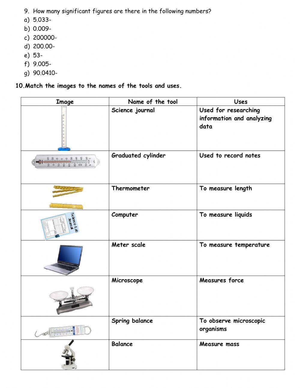 Measurement and Scientific tools worksheet Live Worksheets
