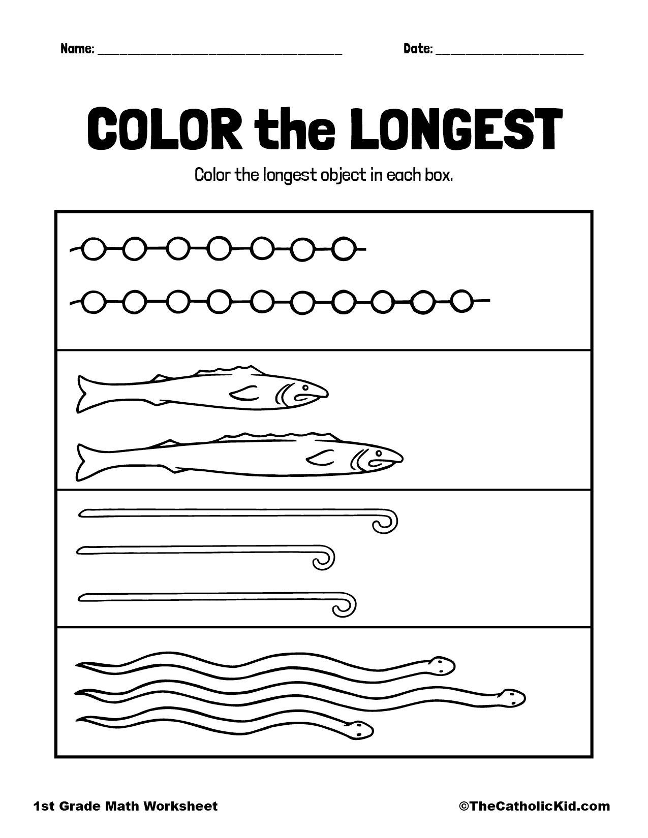 Color the Longest - 1st Grade Measurement Catholic Worksheet