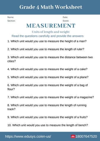 4th grade math worksheet on measurements by nithya - Issuu