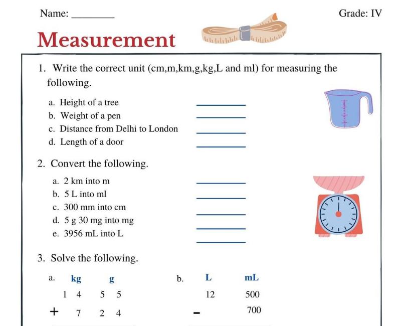 Measurement Worksheets For Grade 4 Measurement Worksheets Math 