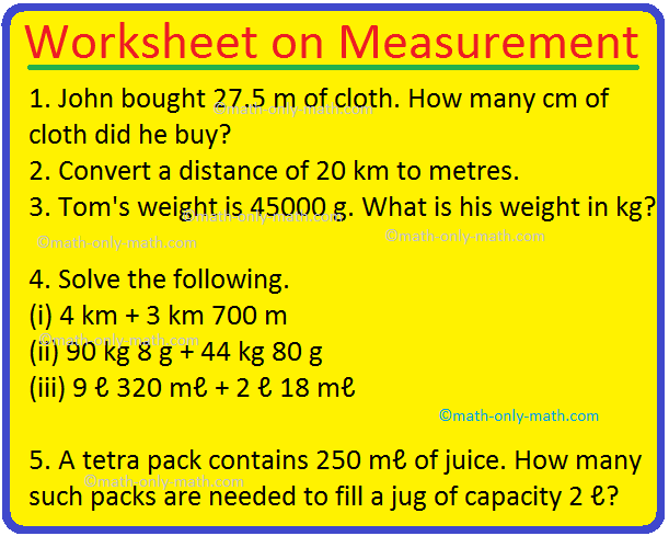 Worksheet on Measurement | Problems on Measurement | Homework |Answers