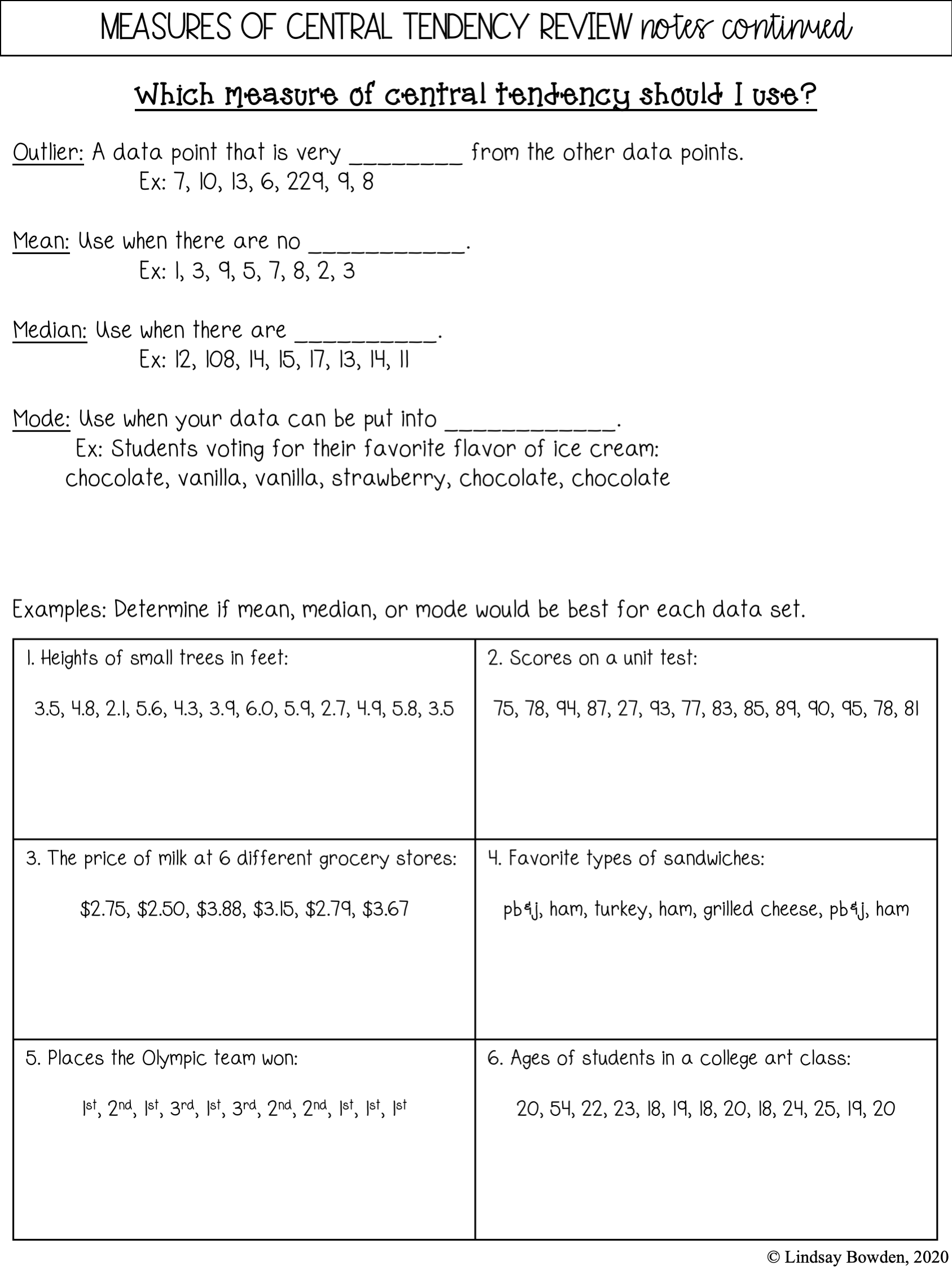 measures of central tendency worksheet