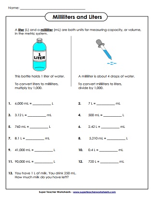 Measuring Capacity (Milliliters and Liters) Worksheets